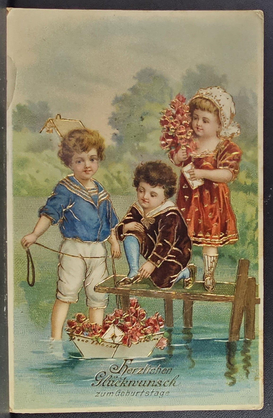 Birthday Postcard Gold Embossed Card Children Playing with Sailboat Filled with Flowers