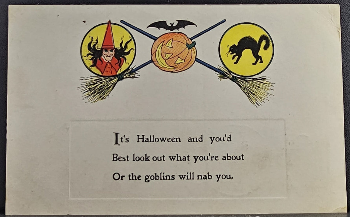 Halloween Postcard "Look Out Goblins Will Nab You" Witch in Red with Black Cat Bat & JOL Arts Craft Period