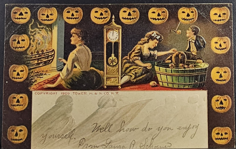 Halloween Postcard JOL Border Ghosts & Games Embossed NO 101 S Series Apple Bobbing Woman Watching Fire