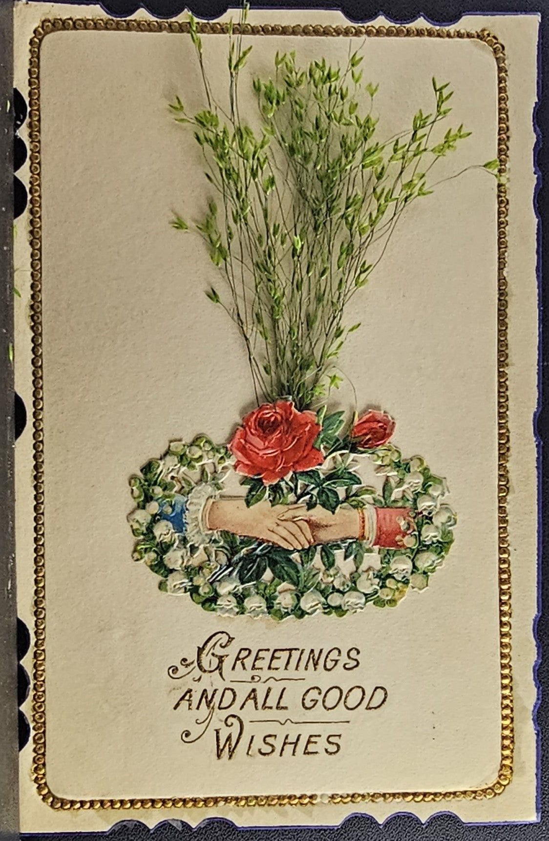 Greetings Postcard Embossed Flowers Shaking Hands with Applied 3D Sprigs Stamped Austria