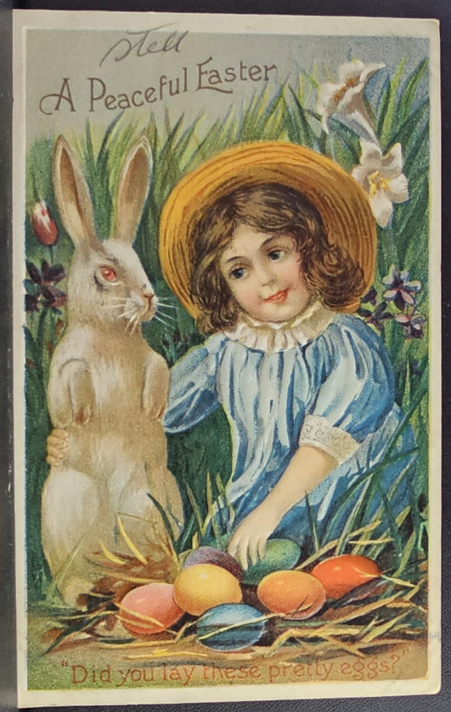 Easter Postcard Little Girl Seated with White Bunny Rabbit Pile of Painted Eggs Germany