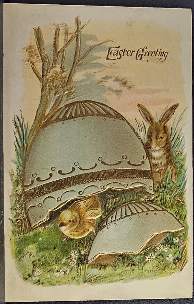 Easter Postcard Bunny Rabbit & Baby Chick Playing Under Giant Egg Gold Trim Germany
