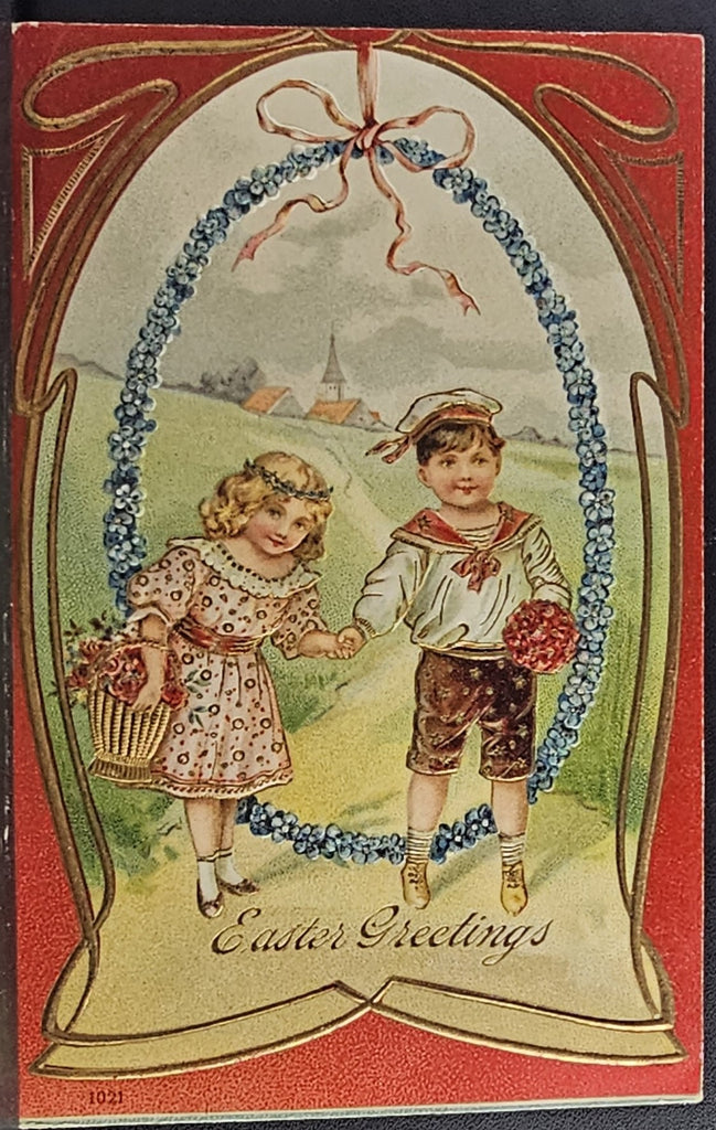 Easter Postcard Little Boy & Girl Walking on Lane Red Background Gold Gilt Flowers Germany