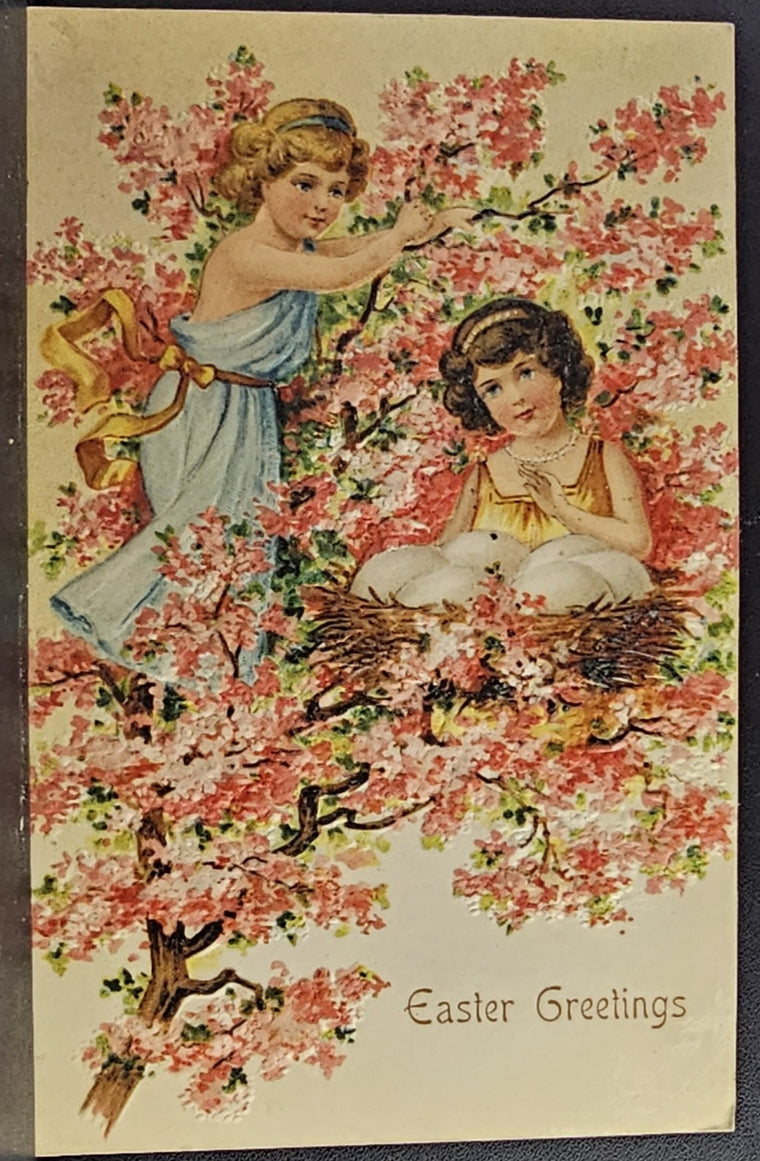 Easter Postcard Fairies in Pink Blossom Tree With Nest of Eggs Series 529 Germany