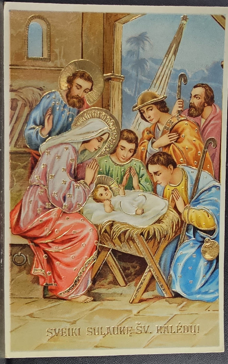 Christmas Postcard Religious Theme Holy Family Nativity Lithuanian Holiday Greeting Gold Embossed Series 3487