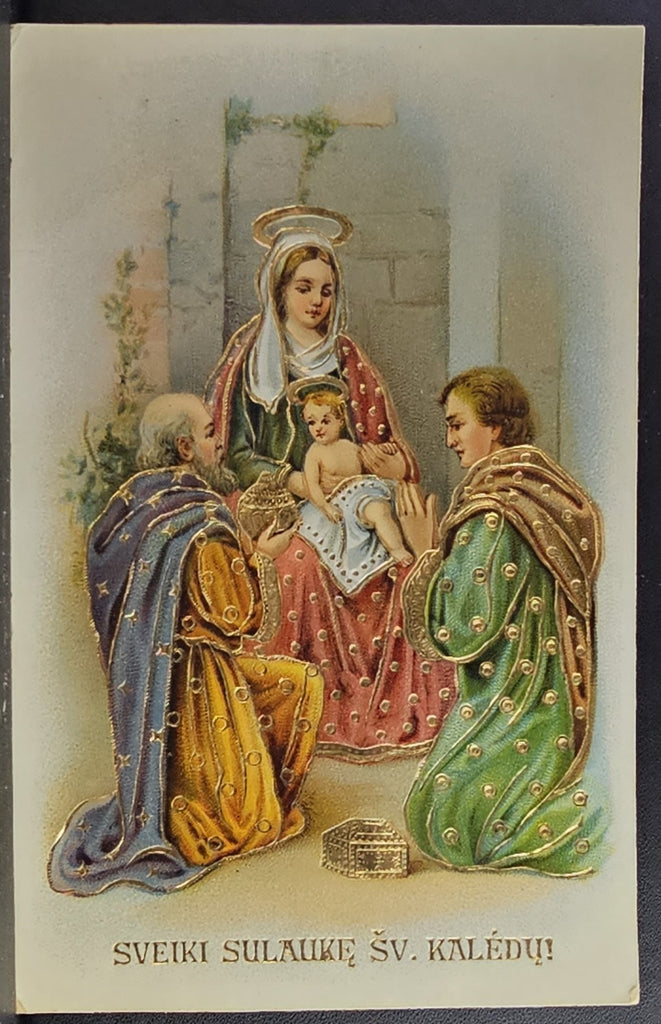 Christmas Postcard Religious Theme Holy Family Nativity Lithuanian Holiday Greeting Gold Embossed Series 794