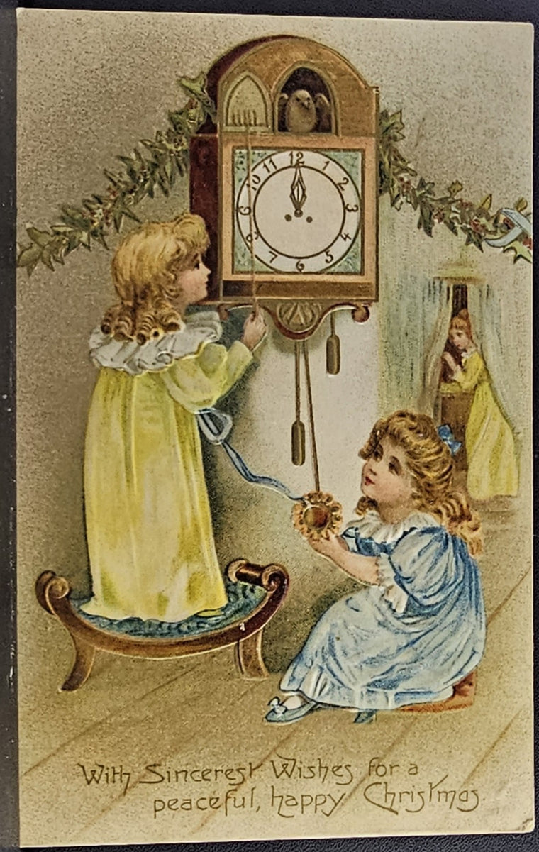 Christmas Postcard Children Playing with Cuckoo Clock Embossed Series 7083