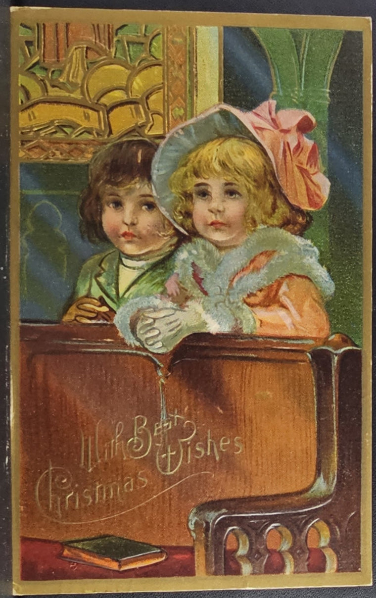 Christmas Postcard Children Dressed in Winter Coats Seated in Church Pew Gold Highlights