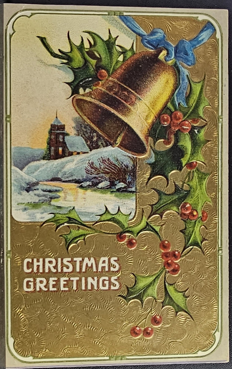 Christmas Postcard Golden Bell with Landscape Scene Gold Foil Like Background