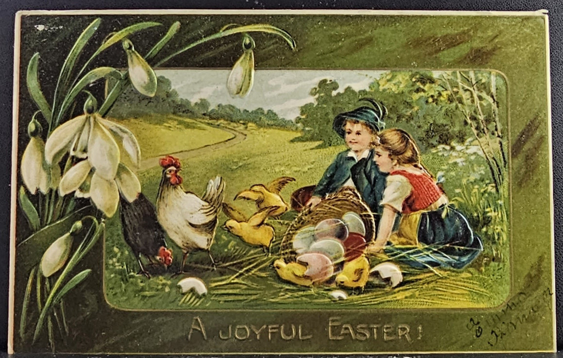 Easter Postcard Children Freeing Baby Chicks in Painted Eggs Back to Mama Papa Hen Rooster