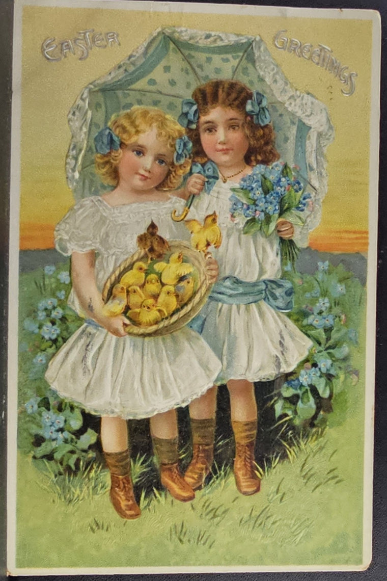 Easter Postcard Two Little Girls Holding Basket Baby Chicks Under Umbrella Tuck Pub Series 100 Artist Brundage