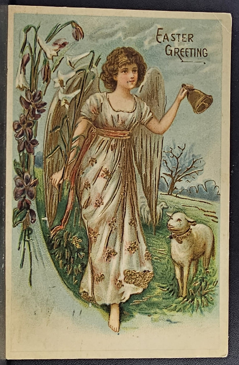 Easter Postcard Angel Ringing Bell with Lamb Large White Lilies Series 66 Gold Embossed