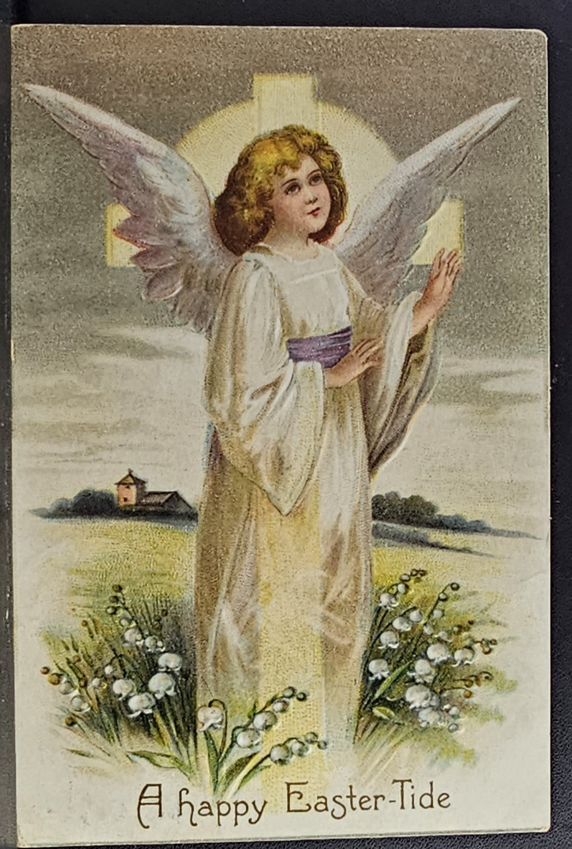 Easter Postcard Angel with Lit Cross in Field of Lilies Artist Clapsaddle IAP