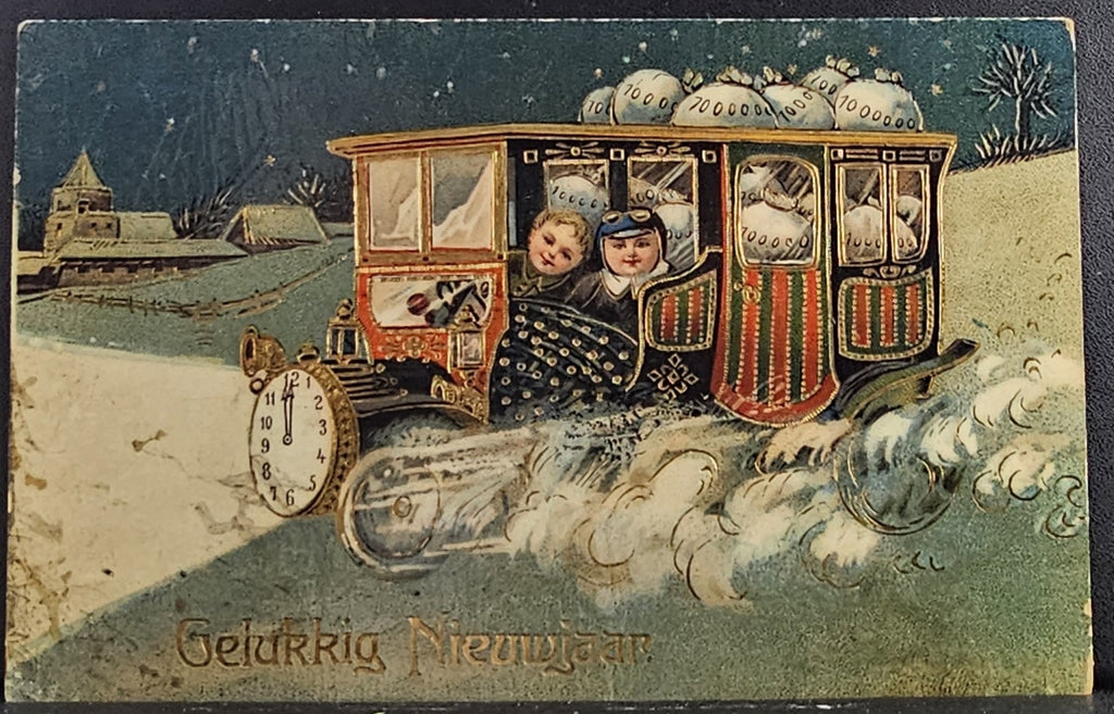 New Year Postcard Children Riding in Car with Clock Gold Highlights PFB Publishing