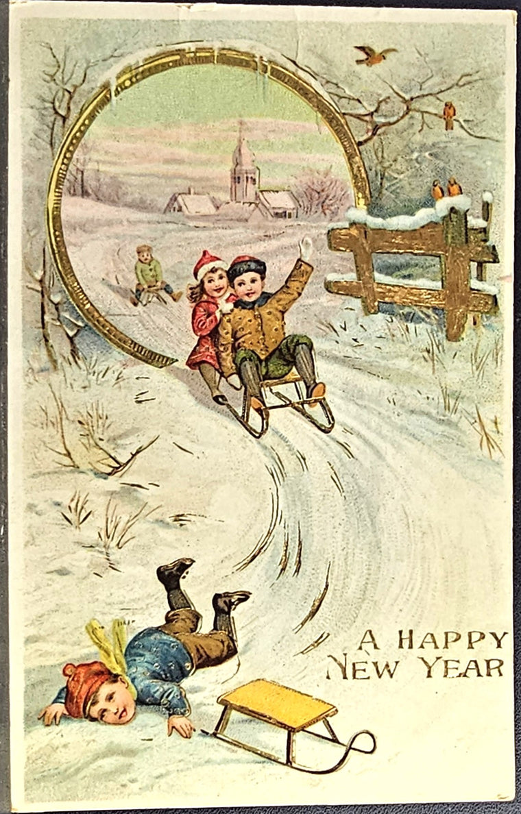 New Year Postcard Children Sledding in Snow Gold Highlights