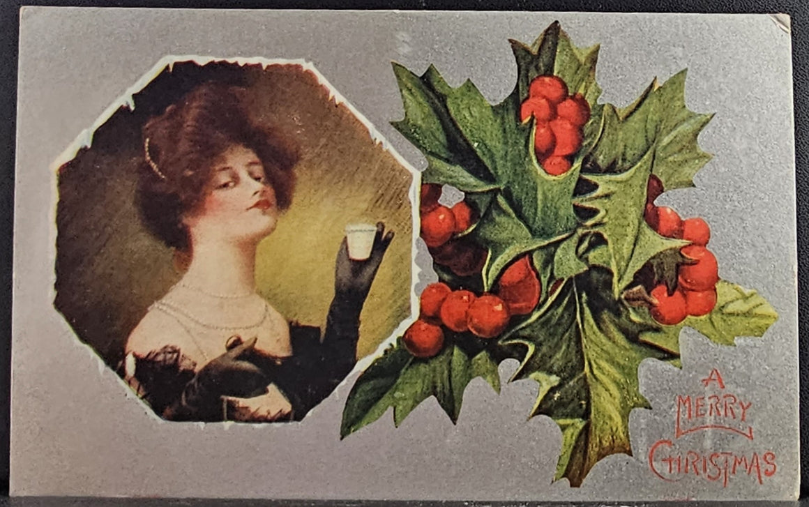 Christmas Postcard Woman Toasting Holiday in Black Evening Gown Coca Cola Girl Style Silver Background