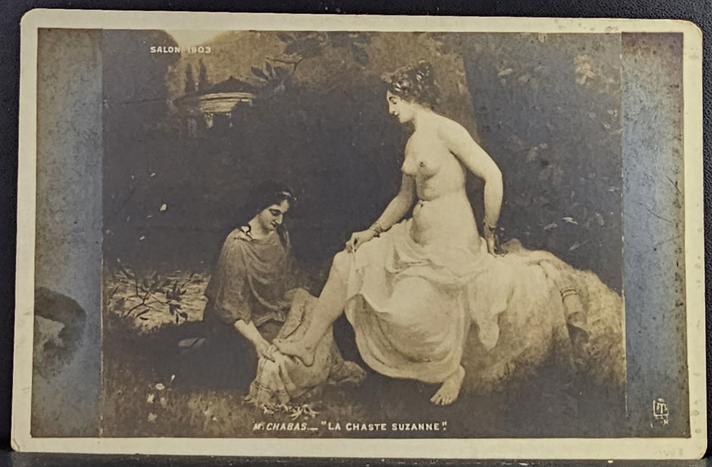 French Salon Postcard 1903 Artist M Chabas La Chaste Suzanne Woman Washing Another Nude Woman by The River in The Forest