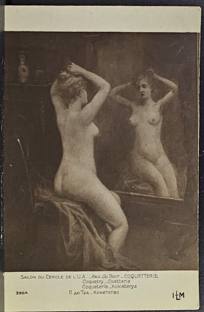 French Salon Postcard 1900s Nude Woman Seated in Chair In Front of Mirror Fixing Hair