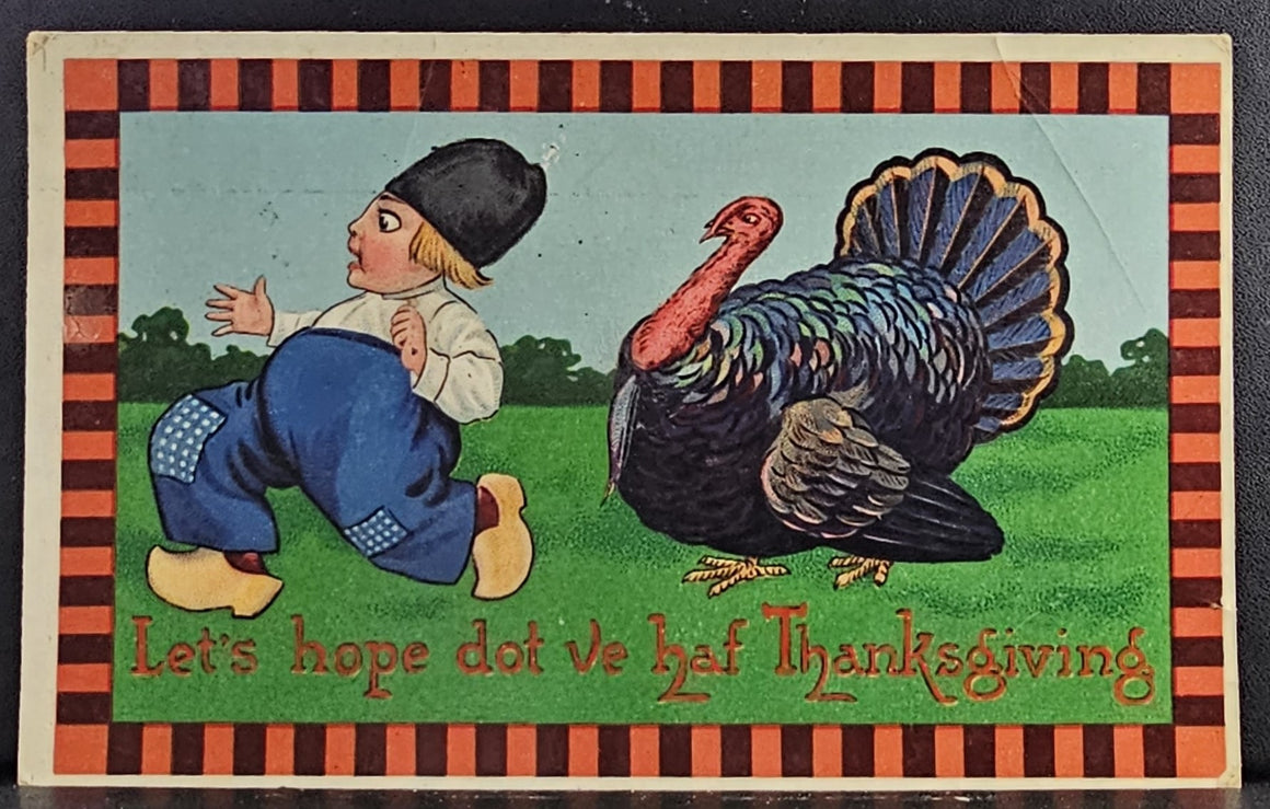 Thanksgiving Postcard Turkey Chasing Dutch Boy Gel Finish Germany