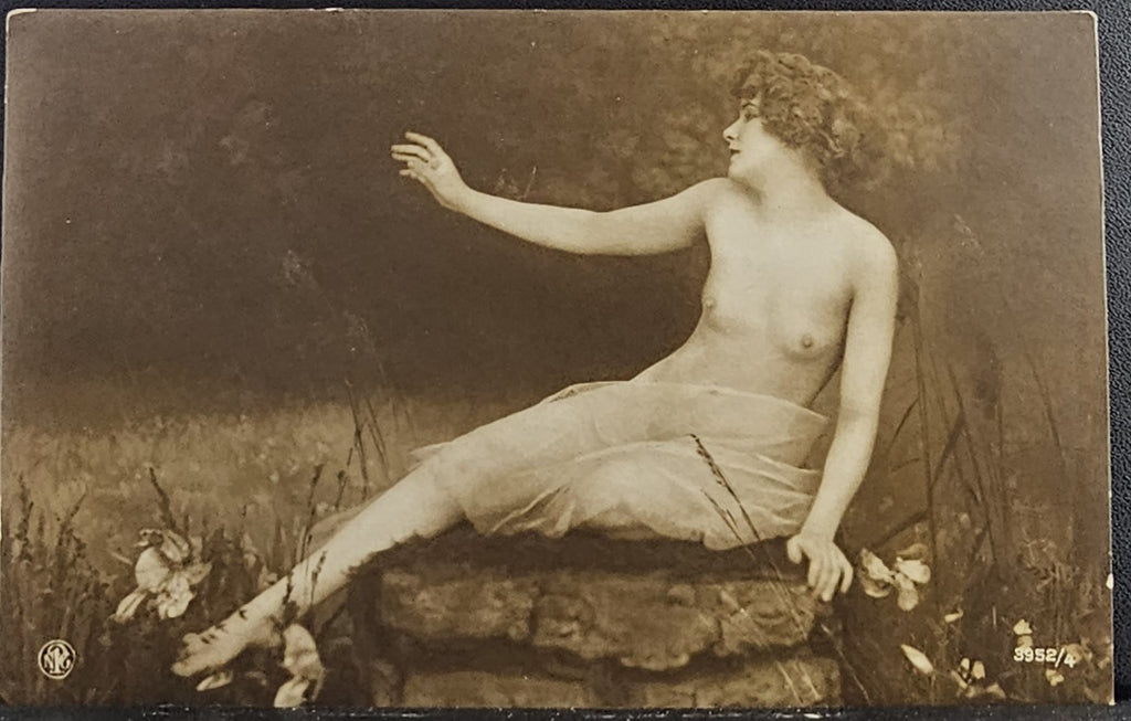 French Salon Postcard 1900s Nude Woman Seated on Rock in Forest