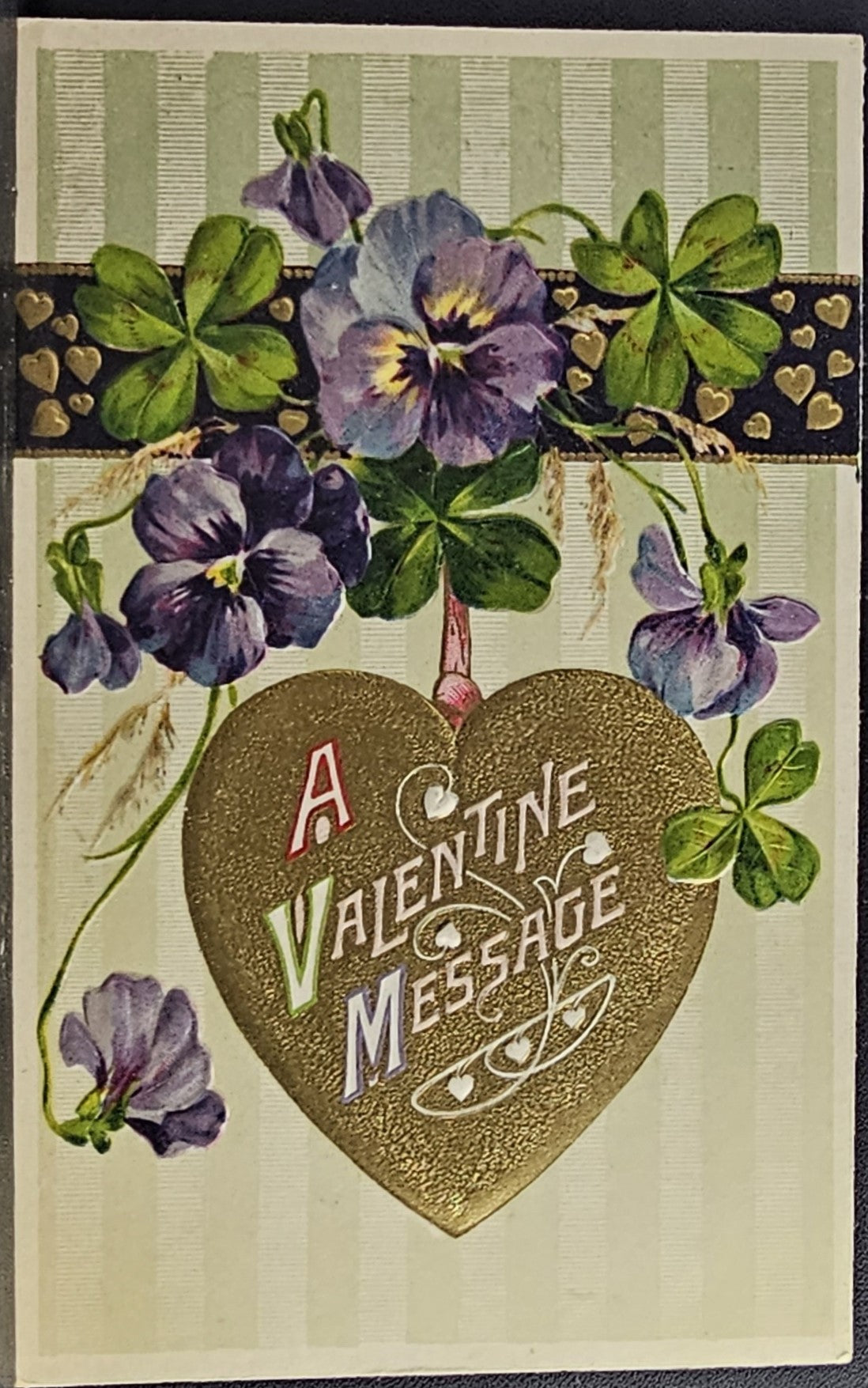 Valentine Postcard Winsch Publishing Hanging Gold Heart with Pansy Flowers