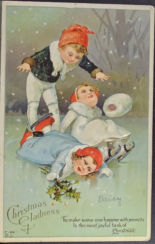 Christmas Postcard Children Falling While Skating Snow Coming Down
