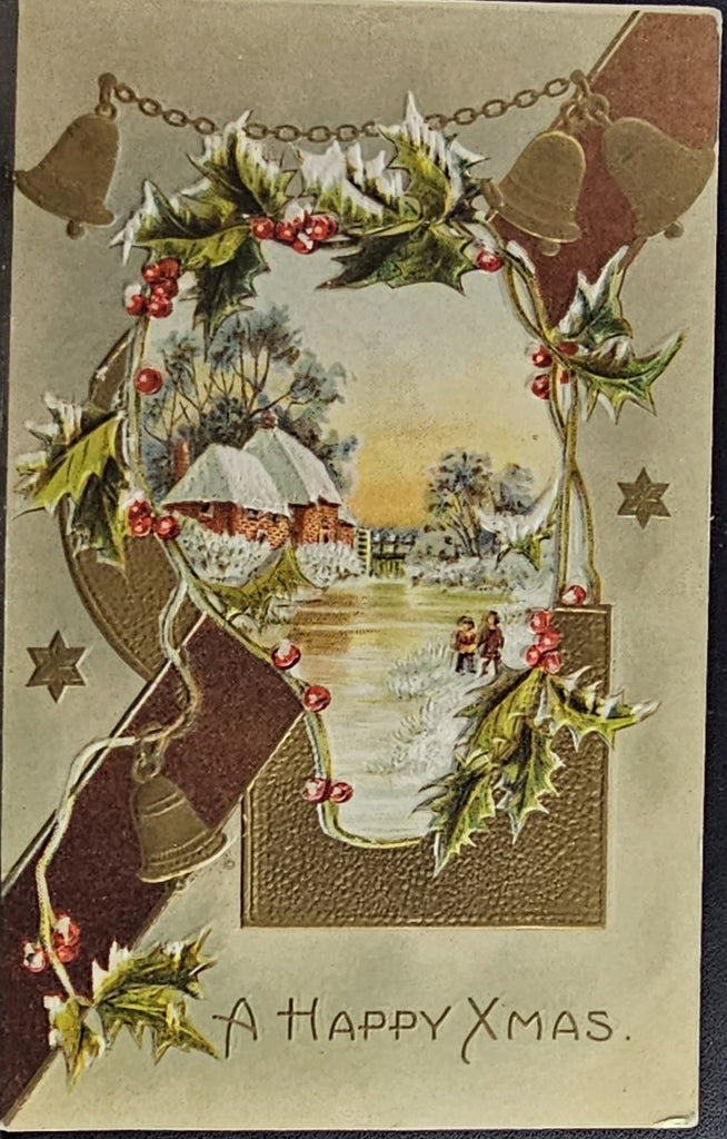 Christmas Postcard Gold Embossed Children Skating Series 546