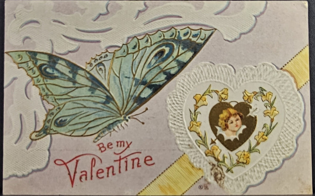 Valentine Postcard Blue Butterfly with Cupid in Heart Purple Background