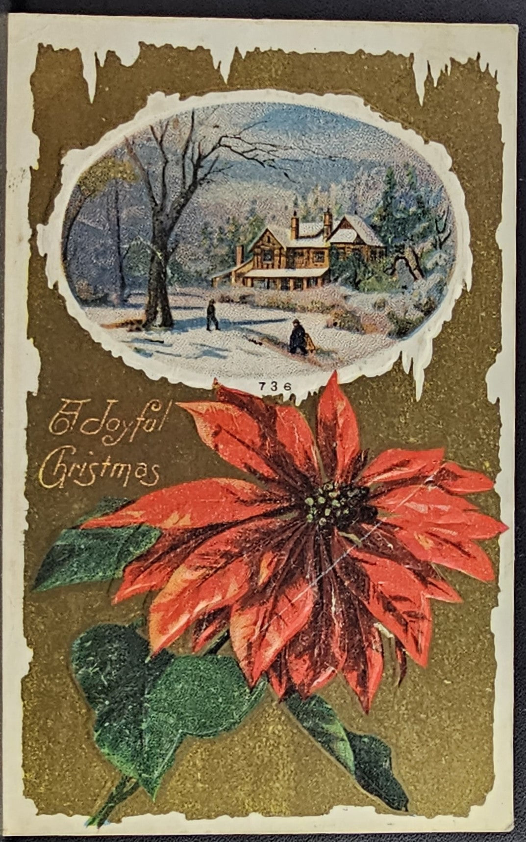 Christmas Postcard Gold Background with Poinsettia & Landscape