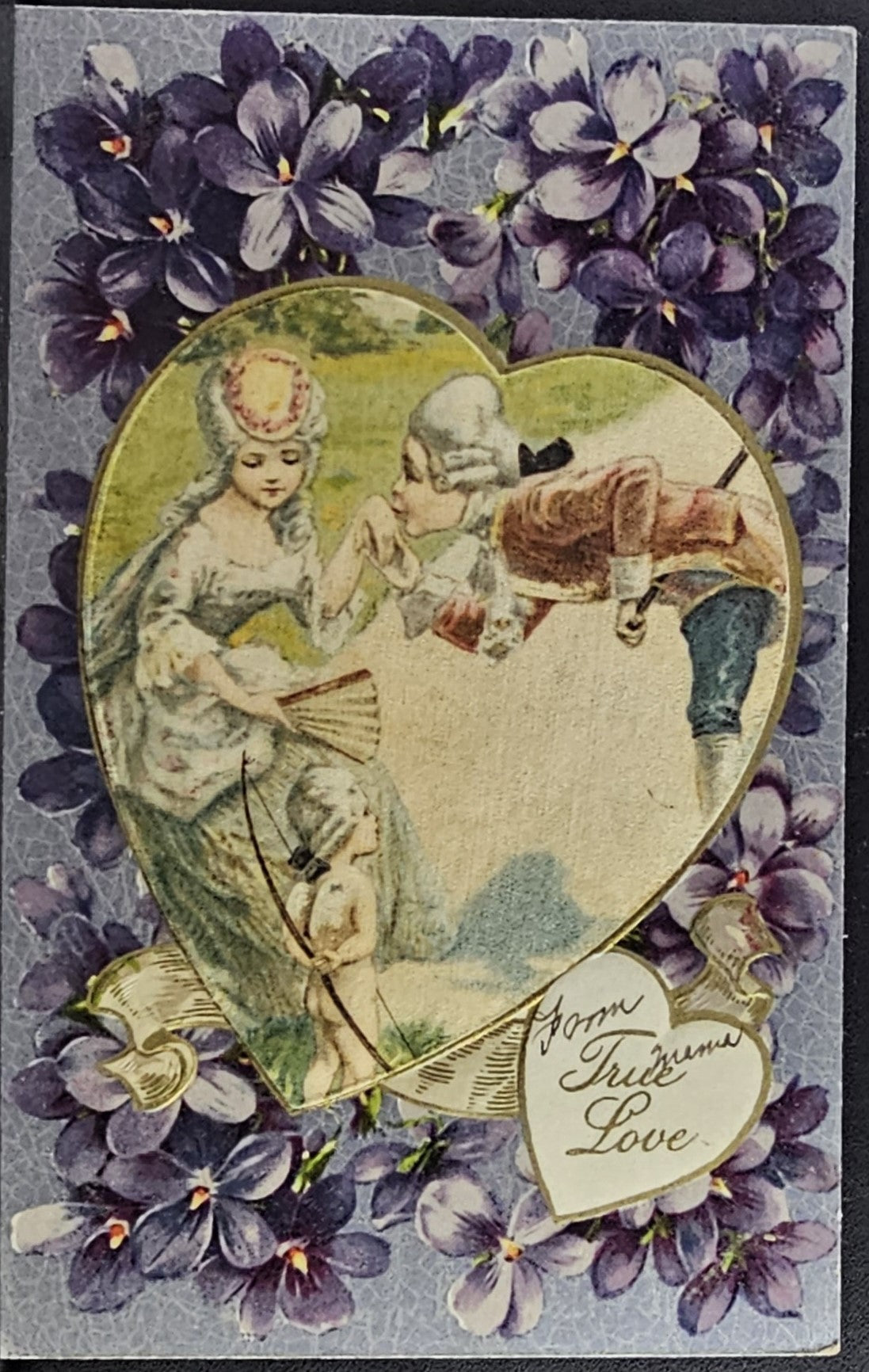 Valentine Postcard John Winsch Publishing Courting Couple in Silk Fabric Heart with Purple Flowers