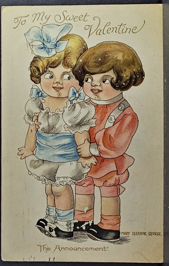 Valentine Postcard Two Children Holding Each Other Valentine Day, Nister No 3121 Artist Mary Eleanor George The Announcement