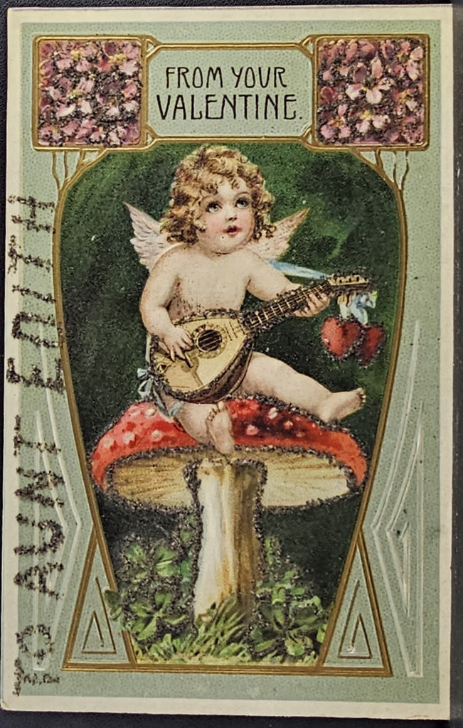 Valentine Postcard Cupid Playing Mandolin on Giant Red Mushroom Applied Glitter Germany
