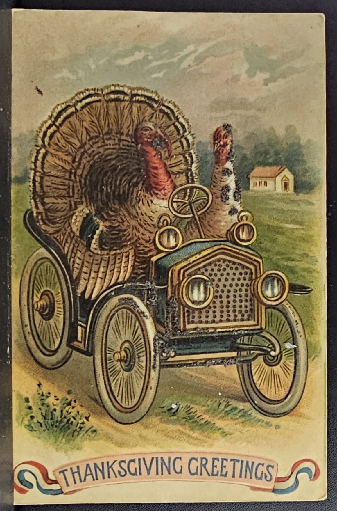 Thanksgiving Postcard Turkeys Driving Old Timey Car Patriotic Flag Sign and Applied Glitter