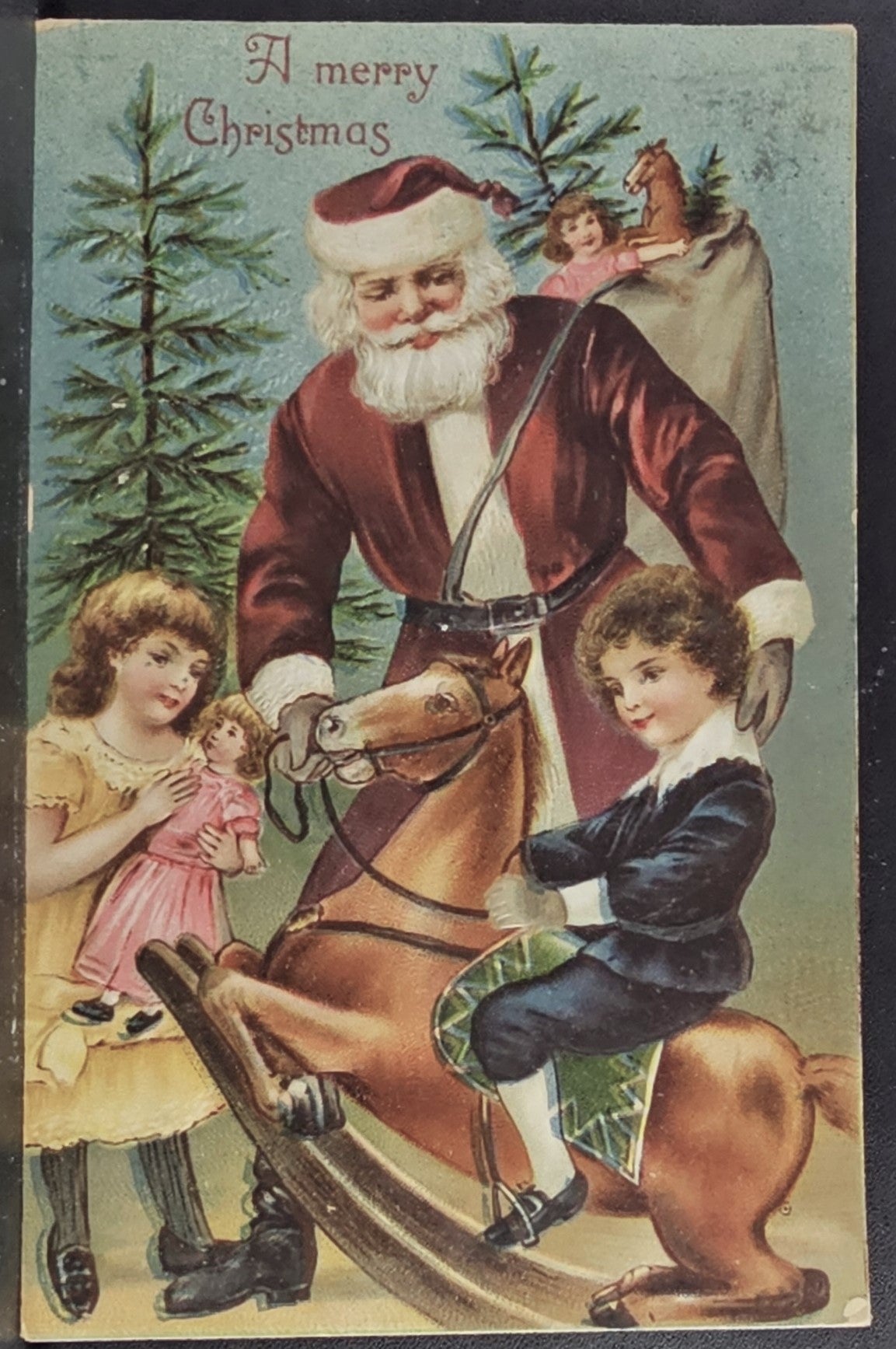 Santa Claus Christmas Postcard St Nick with Children Boy on Rocking Horse Series 144 Germany