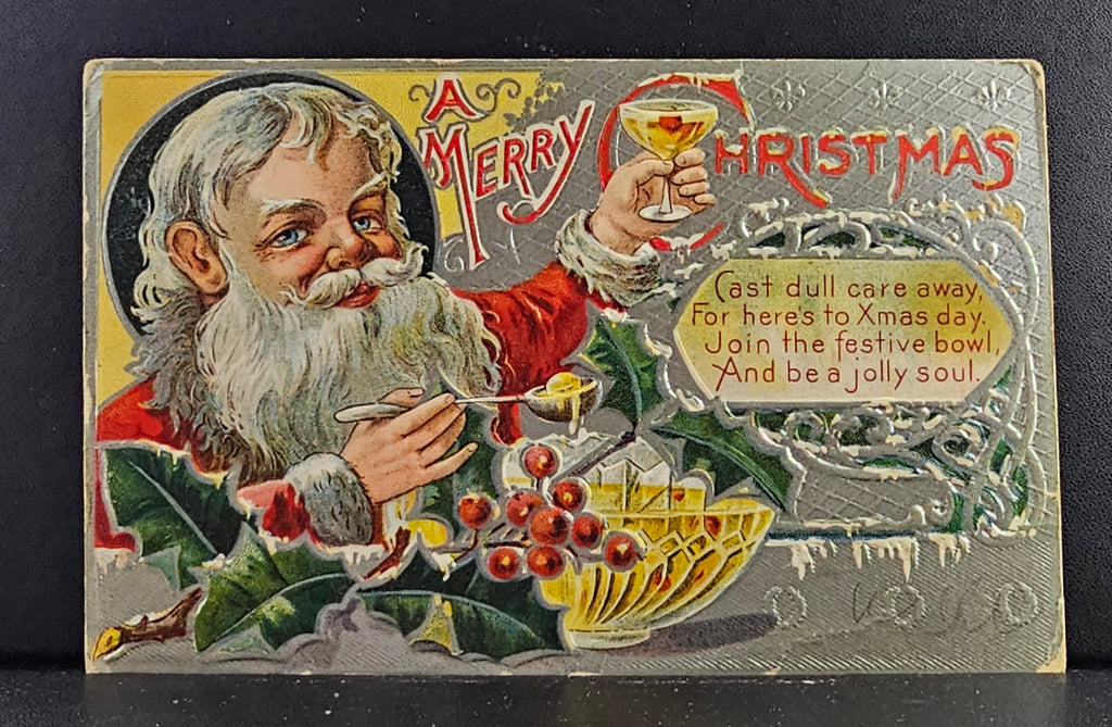 Christmas Postcard Santa Claus Toasting Drink with Food Silver Embossed Background NO 3