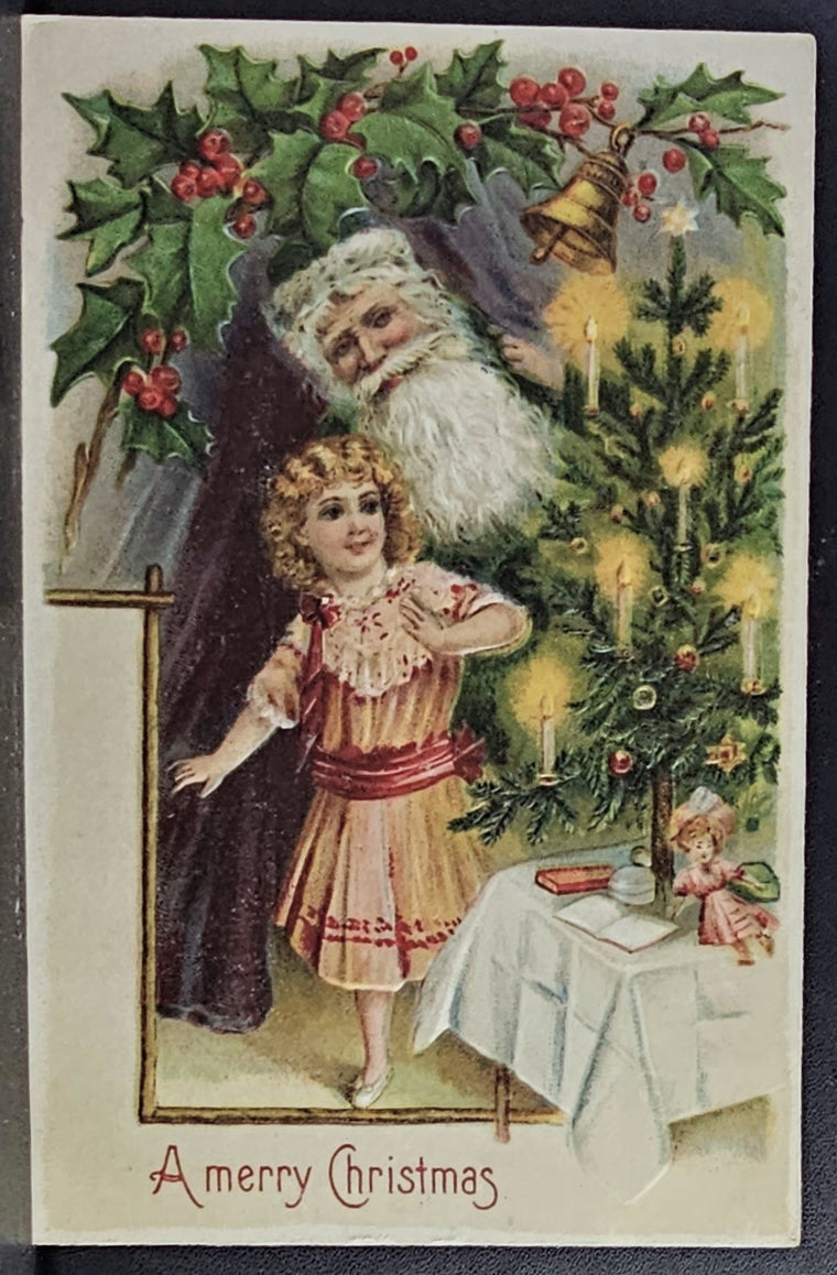 Santa Claus Christmas Postcard St Nick in Green Robe Peaking From Curtain with Little Girl Series 298