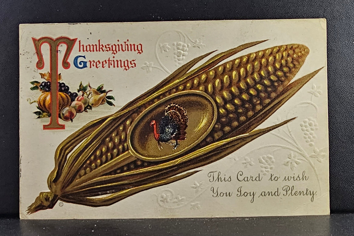 Thanksgiving Postcard Corn Cob Series 959 JJ Marks Embossed