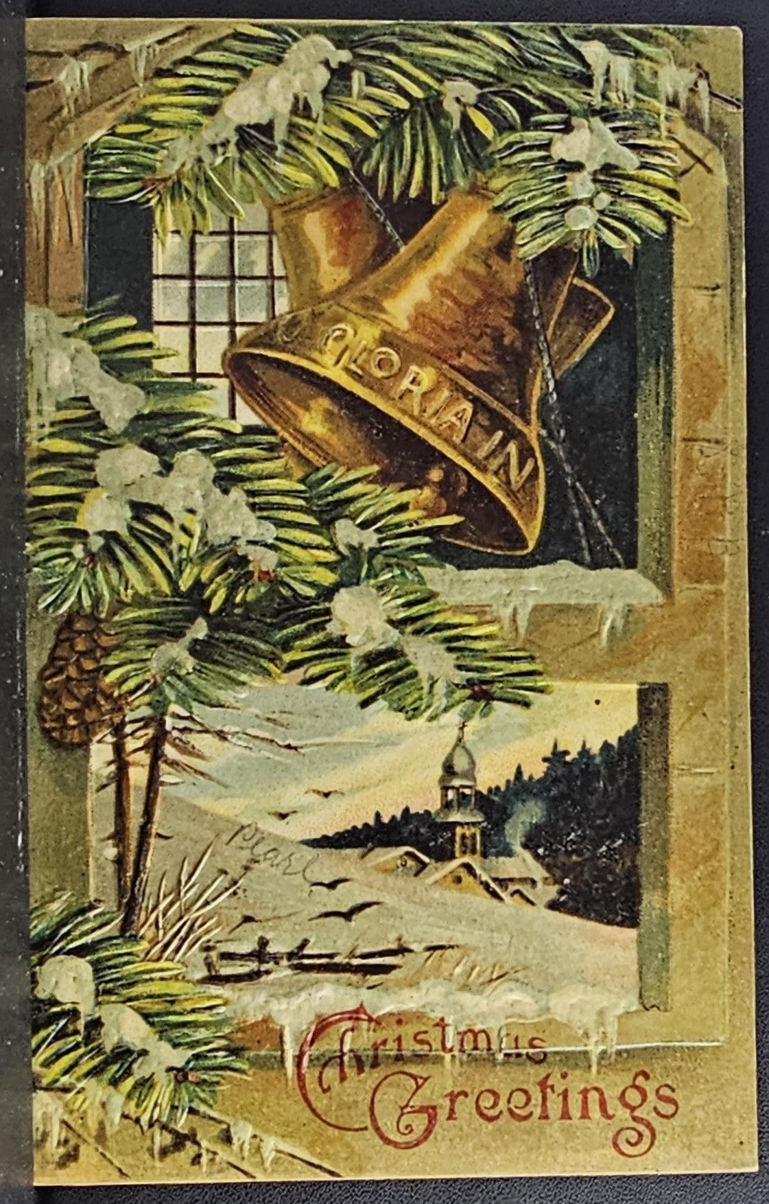 Christmas Postcard Gold Bell with Snow Covered Pine Tree Printed in Germany