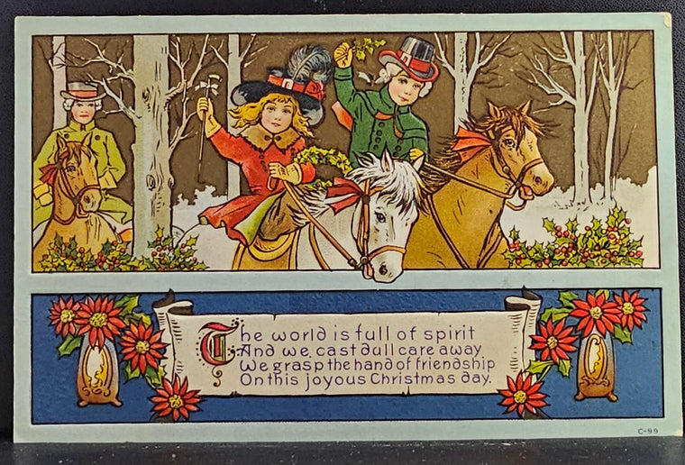 Christmas Postcard Victorian Children on Horses in Winter Forest Poinsettia Border