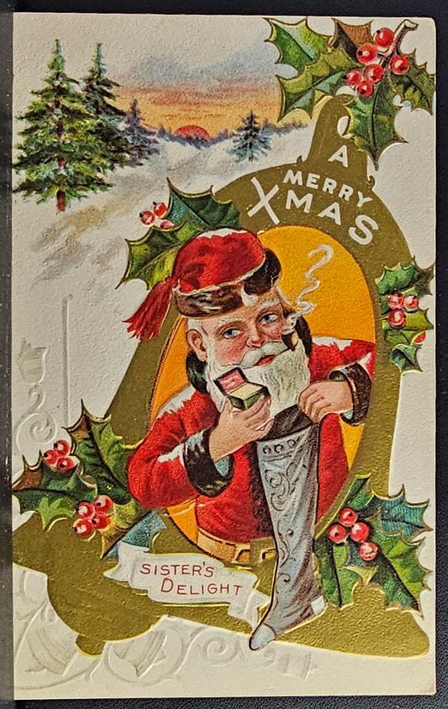 Christmas Delight Postcard Series Santa Claus Smoking Pipe Holding Stocking Sister's Delight Gold Bell