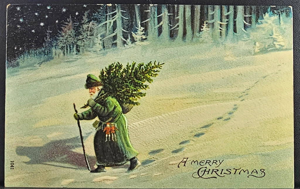 Christmas Postcard Santa Claus in Green Robe Carrying Tree in Snow Printed in Germany