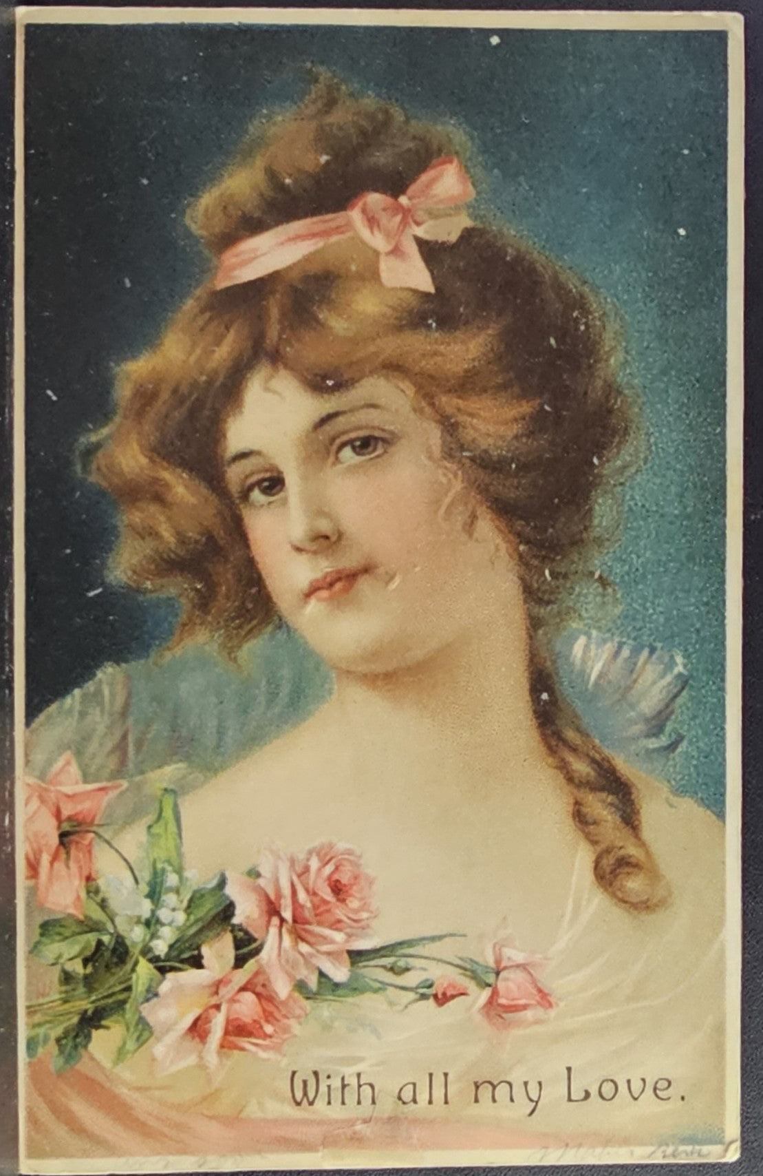Valentine Postcard Edwardian Beauty in Pink with Flowers With All My Love Printed in Germany Early Undivided Back