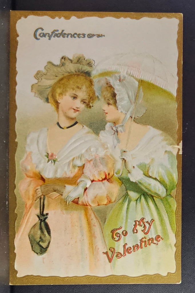 Valentine Postcard Titled Confidences No 2017 Two Women in Edwardian Dress Sharing a Word