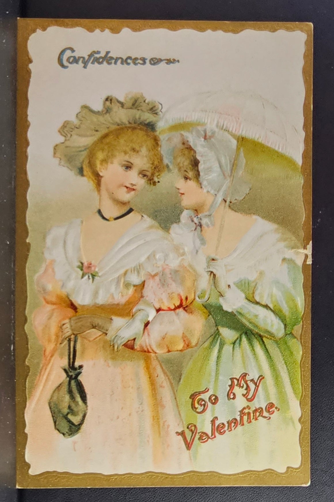 Valentine Postcard Titled Confidences No 2017 Two Women in Edwardian Dress Sharing a Word