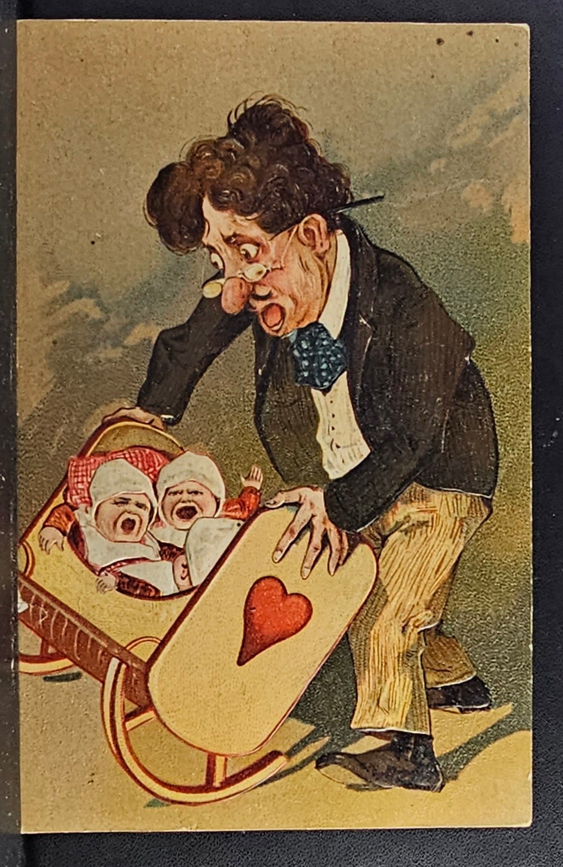 Anti-Suffrage Political Postcard Man Wishing His Wife Back as He Tries to Calm Crying Babies in Cradle PFB 5677