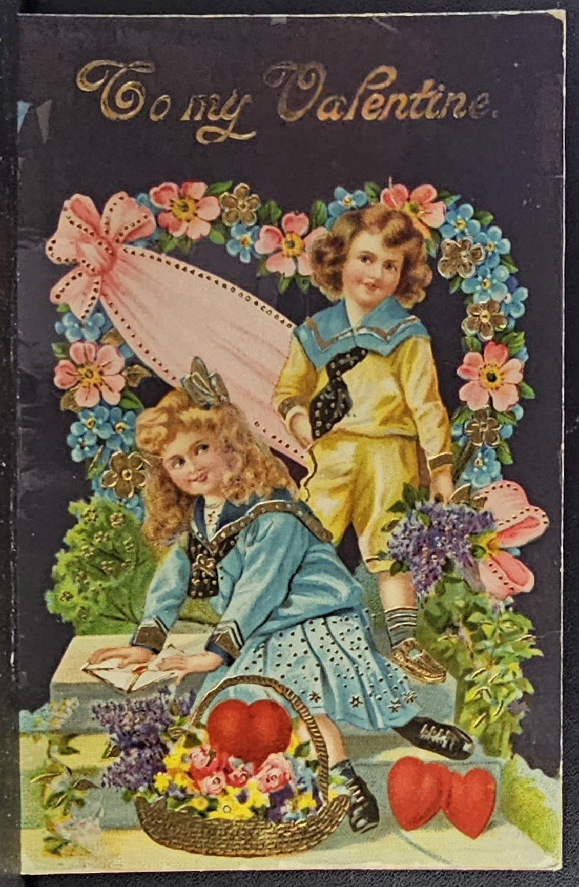Valentine Postcard Children in Sailor Suits with Baskets of Flowers Gold Highlights