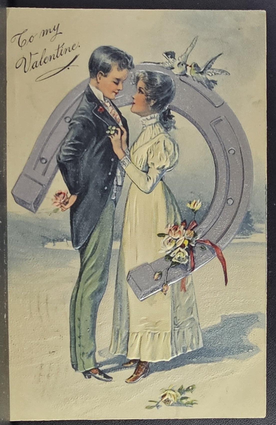 Valentine Postcard Elegant Edwardian Couple in Wedding Attire Silver Horseshoe Good Luck Charm PFB 5486