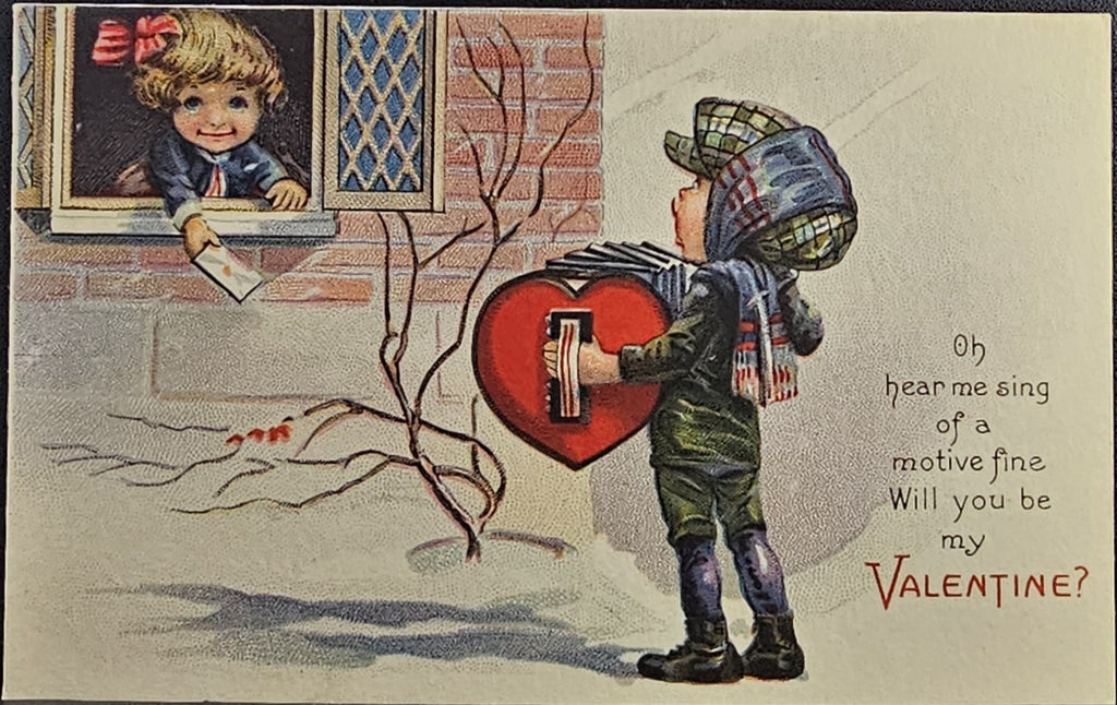 Valentine Postcard Little Boy Playing Heart Accordion For Girl in Window