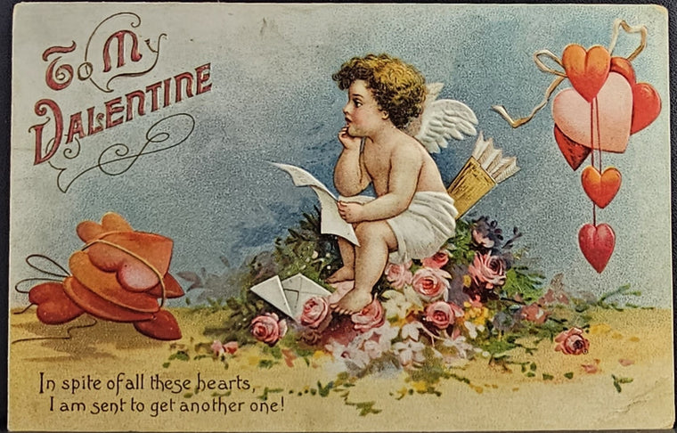 Valentine Postcard Cupid on Pile of Flowers Holding Note Embossed Hearts IAP Pub