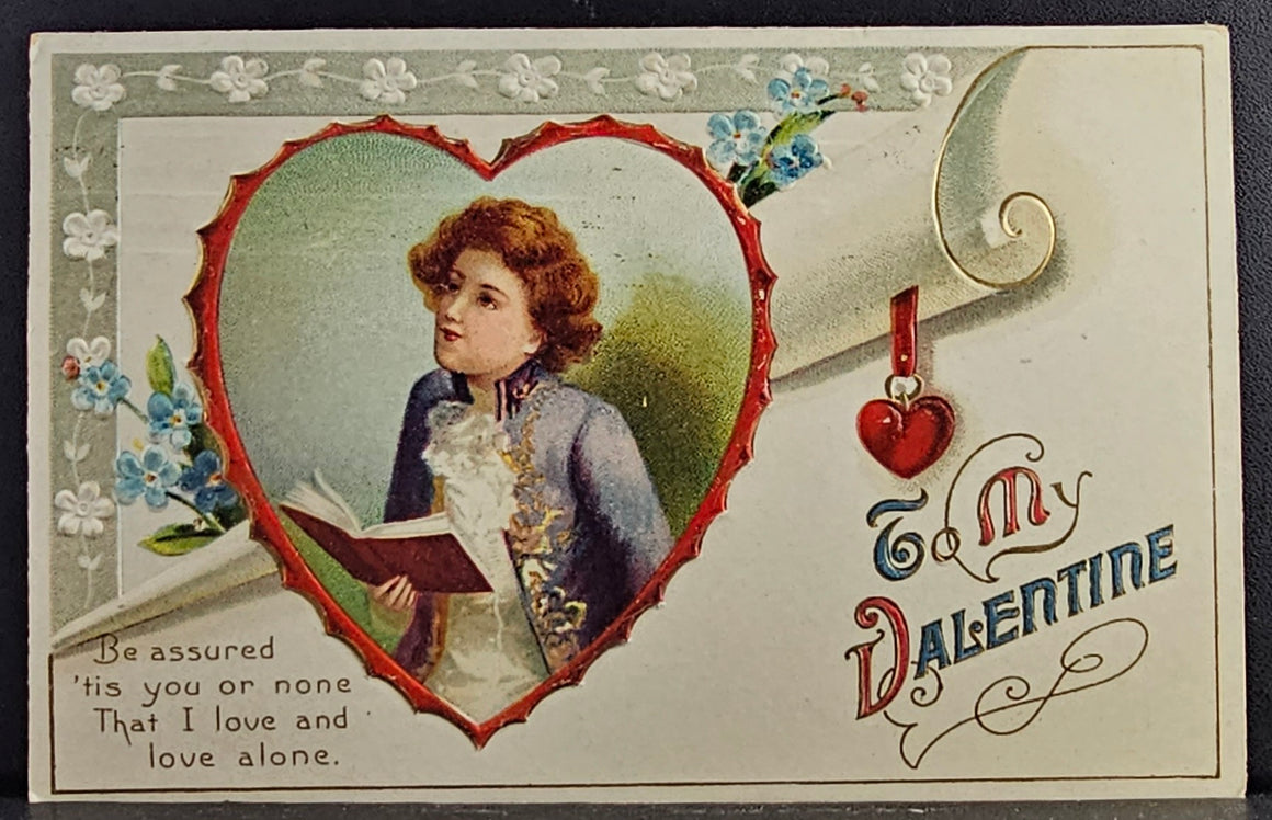 Valentine Postcard Ellen Clapsaddle Romeo Holding Book Hearts & Flowers Embossed Design